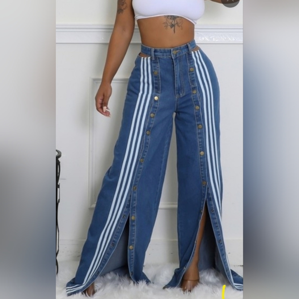 Stylish Denim Button-Up Pants with Stripes